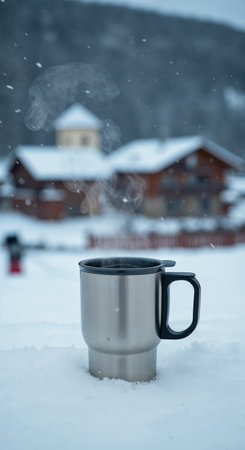 Steam rises from a metallic insulated mug nestled in a pristine snowy landscape, highlighting cozy warmth against the backdrop of distant winter village houses.の素材