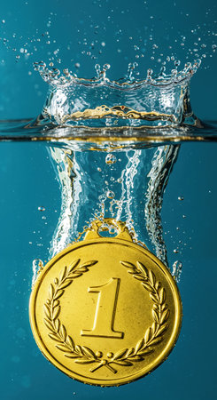 The golden first-place medal descends through the vibrant teal water, generating a dramatic crown-like splash at the surface and energetic bubbles below.の素材