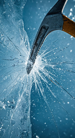The intense impact of a mountaineering tool's sharp blade causes numerous ice shards and water droplets to explode outwards, highlighting the raw power of the strike against a deep blue, icy backdrop.の素材