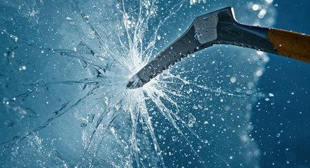 Dynamic close-up of a metal ice pick breaking through a frozen surface, creating an explosion of sharp ice shards and splashing water, highlighted by bright light on a deep blue backdrop.の素材