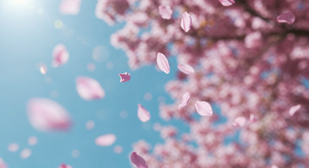 Numerous delicate pink cherry blossom petals gently drift through the bright air in a serene outdoor setting, with a blurred backdrop of a blooming tree under a clear sunny sky.の素材