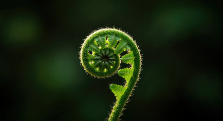 A delicate new fern frond, illuminated by warm sunlight, displays its perfect spiral form and vibrant green hue against a softly blurred, deep green forest backdrop, embodying concepts of natural.の素材