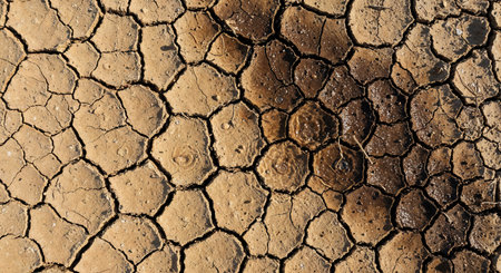 A close-up aerial perspective reveals the intricate network of fissures across arid land, where a stark contrast is created by a patch of moist, darker ground.の素材