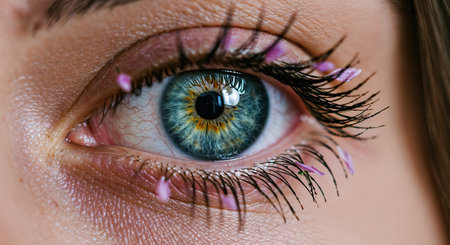 This extreme macro view highlights a stunning human eye, featuring a richly colored iris with golden accents and dark lashes embellished with tiny, ethereal pink petals, conveying natural beauty.の素材