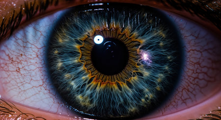 This extreme close-up showcases the vibrant, complex details of an iris with striking blue and amber hues, emphasizing the delicate textures and a bright pupil reflection.の素材