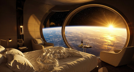The opulent interior of a space hotel room offers an unparalleled view of the planet Earth and a brilliant sunburst from orbit, creating a serene and awe-inspiring atmosphere.の素材
