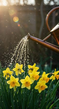 Golden hour sunlight illuminates water cascading from a metal spout onto blooming yellow and orange daffodils, creating a fresh, serene garden scene with bokeh.の素材