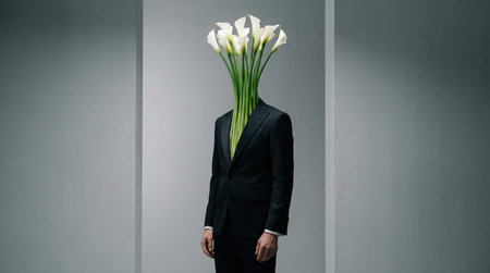 An individual in a sharp black suit with a vibrant bouquet of white calla lilies replacing their head stands against a minimalist gray background, representing natural development.の素材