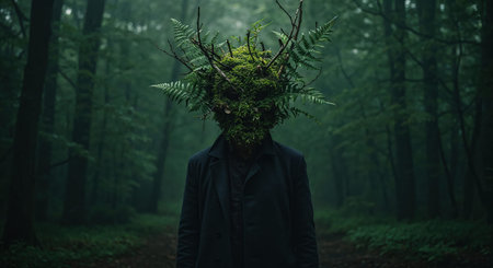 A mysterious individual with a head covered in moss, ferns, and branches stands in a dark, misty forest, symbolizing the deep connection between humanity and nature.の素材