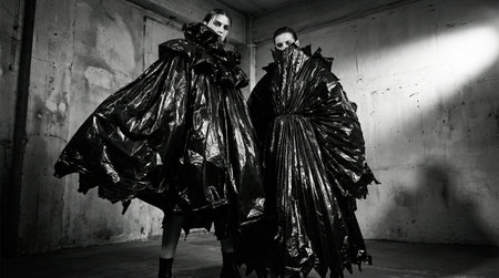 Two women wearing dramatic, voluminous black avant-garde outfits, resembling plastic waste, pose in a stark concrete room with harsh lighting, symbolizing environmental issues and modern fashion.の素材