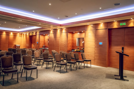 Conference room with nice furniture and floating ceilingの写真素材