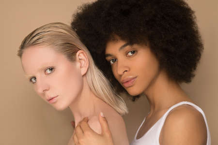 A blonde woman and and a dark-haired womanの写真素材