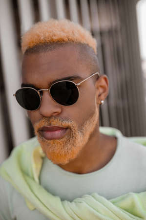 A dark-skinned model with a dyed beard posing for the cameraの写真素材