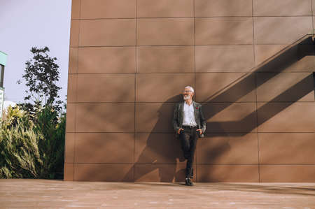 Joyful bearded gray-headed man standing outdoors and looking away