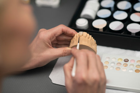 A dental prosthetist painting a prosthesis with a brushの写真素材