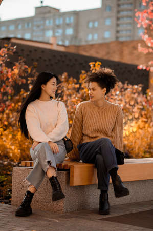 Two cute young girls talking and looking at each otherの写真素材