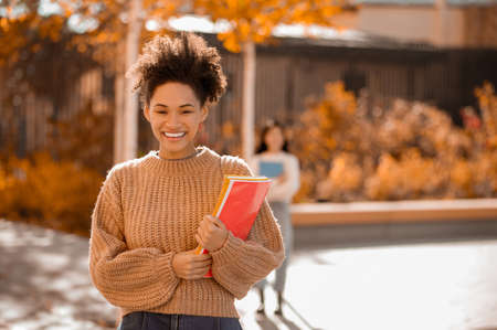 Pretty smiling mulatta in beige sweaterの写真素材