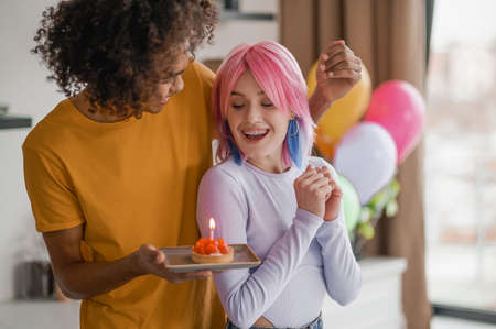 Young cute couple celebrating valentines dayの写真素材