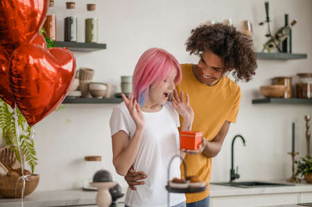 Young couple celebrating valentines day and feeling happyの写真素材