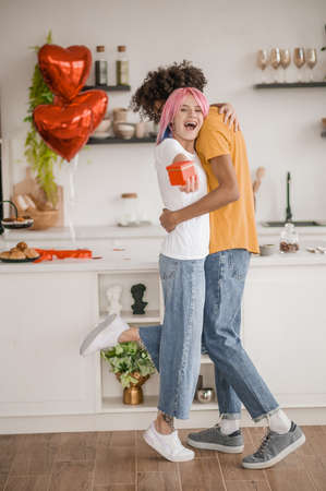Young couple celebrating valentines day and feeling happyの写真素材