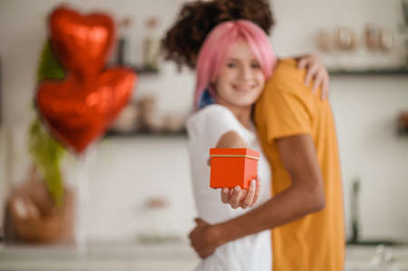 Young couple celebrating valentines day and feeling happyの写真素材
