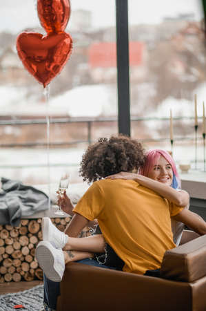 Young couple hugging and feeling in loveの写真素材