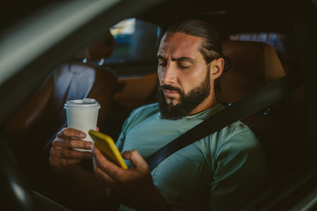 Young handsome dark-haired man holding a phone and driving a carの写真素材