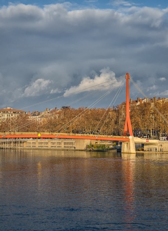 View on the red bridge of Lyon, pedestrian bridge Franceの写真素材