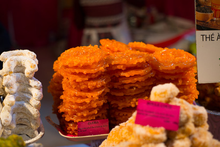 Exotic honey sweets on the counter in Strasbourg, autumn France