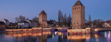 Illumination of Strasbourg visit card ponts couverts in December, winter Franceの写真素材