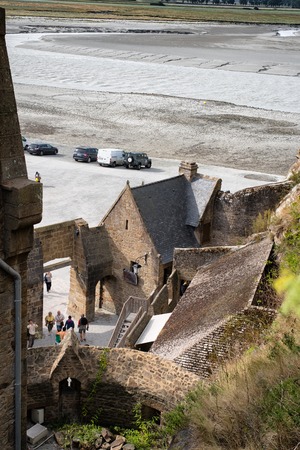 View from Top gallery to entrance and parking in Mont-Saint-Michel, Franceの写真素材