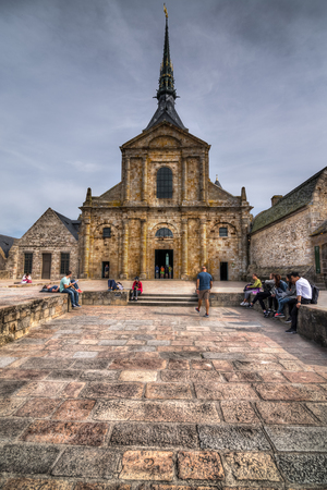 Stone roof of Mont Saint-Michel with entrance to the abbey, Franceの写真素材