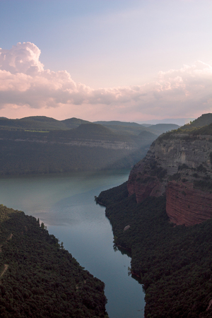 Sunset in Sau lake, from Ter river. Located in Vilanova de Sau, Catalonia, Spainの写真素材