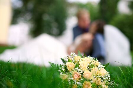Wedding kiss, wedding bouquet, summer の写真素材