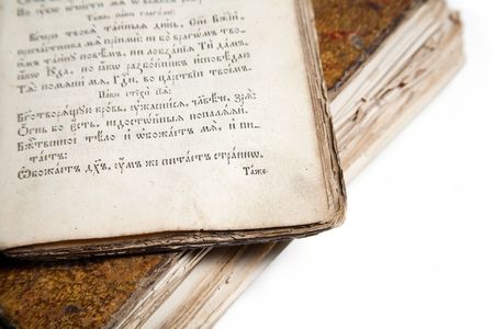 Two old books isolated on a white backgroundの写真素材