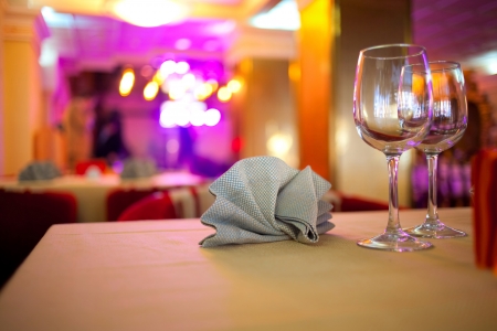 Banquet table in the restaurant, the preparation before the banquetの写真素材