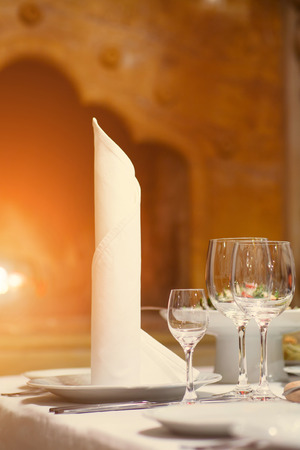 Tables set and salad served for a wedding reception.の写真素材