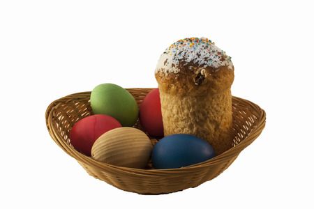 Easter basket with painted eggs Easter breadの写真素材