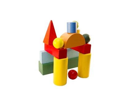 children's designer cubes on the Montessori method on a white backgroundの写真素材