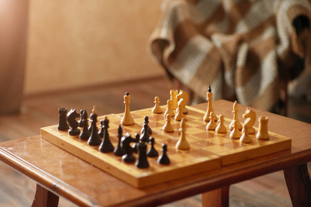 boy with glasses in a white shirt playing chess making a move holding the figure smilesの写真素材