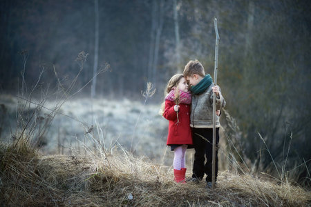 little girl in a red coat, cute, beautiful, pretty, boots with flower, the boy in the gray jacket, the brother and sister standing in field at sunsetの写真素材