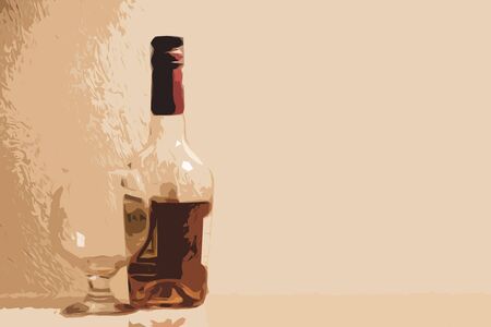 Bottle of whiskey (cognac) and a glass with highlights on the glass. Copy space. Illustrationの写真素材