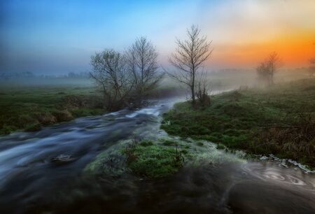 spring morning. foggy dawn near a picturesque riverの写真素材