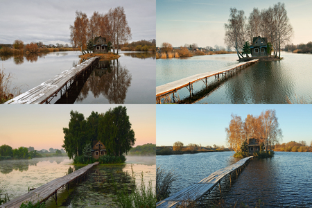 four seasons. picturesque small house on a small islandの写真素材