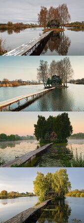 four seasons. picturesque small house on a small islandの写真素材