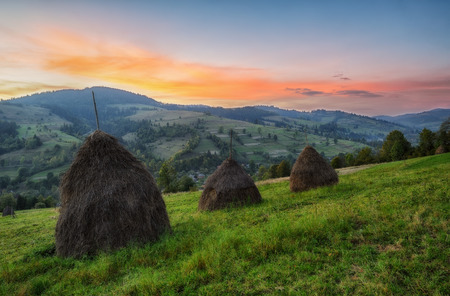 autumn evening. beautiful sunset in the Carpathian Mountainsの写真素材