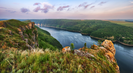 picturesque dawn by the river. Morning Dniesterの写真素材