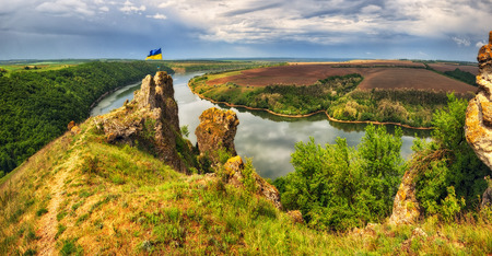 picturesque dawn by the river. Morning Dniesterの写真素材