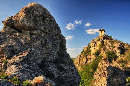 Church on a cliff above the riverの写真素材