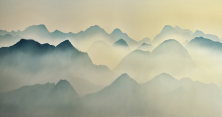 mountain silhouettes in the fog. Graphic landscape on the theme of mountains